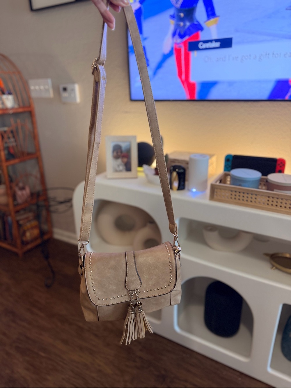 Beige genuine leather studded Crossbody Bag with Tassel Detail